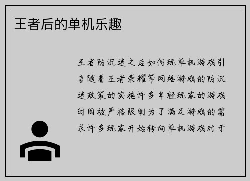 王者后的单机乐趣