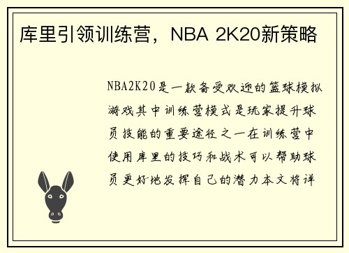 库里引领训练营，NBA 2K20新策略